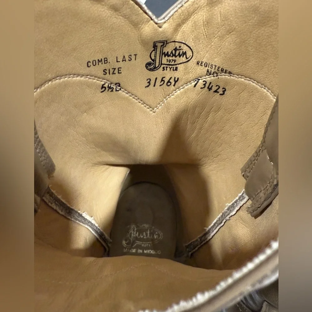 Justin Junior Western Boots Size 5.5 Tan Leather Mid Calf‎ Round Toe Cowboy